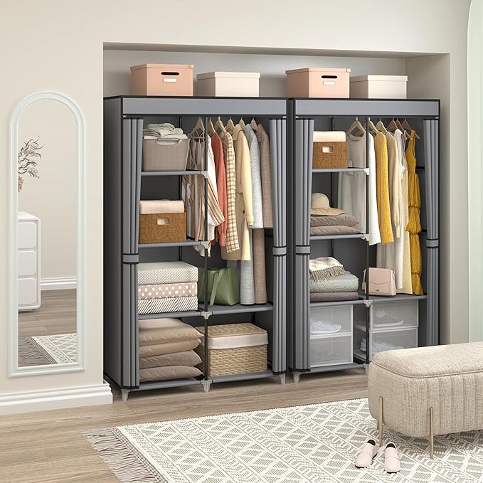 35 Inch Portable Wardrobe Closet for Small Room, Clothing Organizer Storage Rack with Non-Woven Fabric Cover, 1 Clothes Hanging Rod, 6 Storage Shelves, Grey