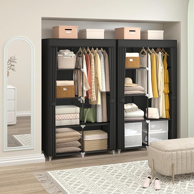 35 Inch Portable Closet for Small Room, Clothing Organizer Storage Rack with Non-Woven Fabric Cover, 1 Clothes Hanging Rod, 6 Storage Shelves, Black