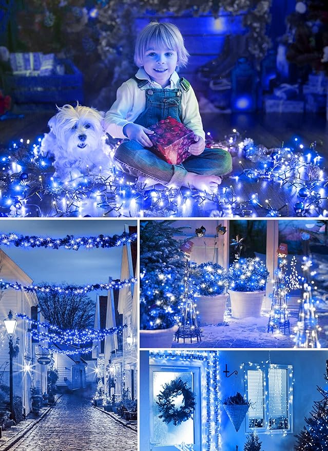 Minetom Solar Christmas Lights Outdoor Waterproof - 40FT 100 LED With 8 Modes - Decoration for Outside House, Tree, Party, Yard - Blue & Pure White