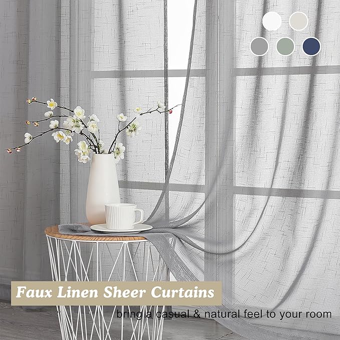 Aiyufeng Grey Sheer Curtains 45 Inch Length 2 Panels, Short Linen Curtains for Kitchen, Small Window Curtains Window Treatment Privacy with Light Filtering for Cafe/Bathroom, Each 30Wx45L Inch, Gray
