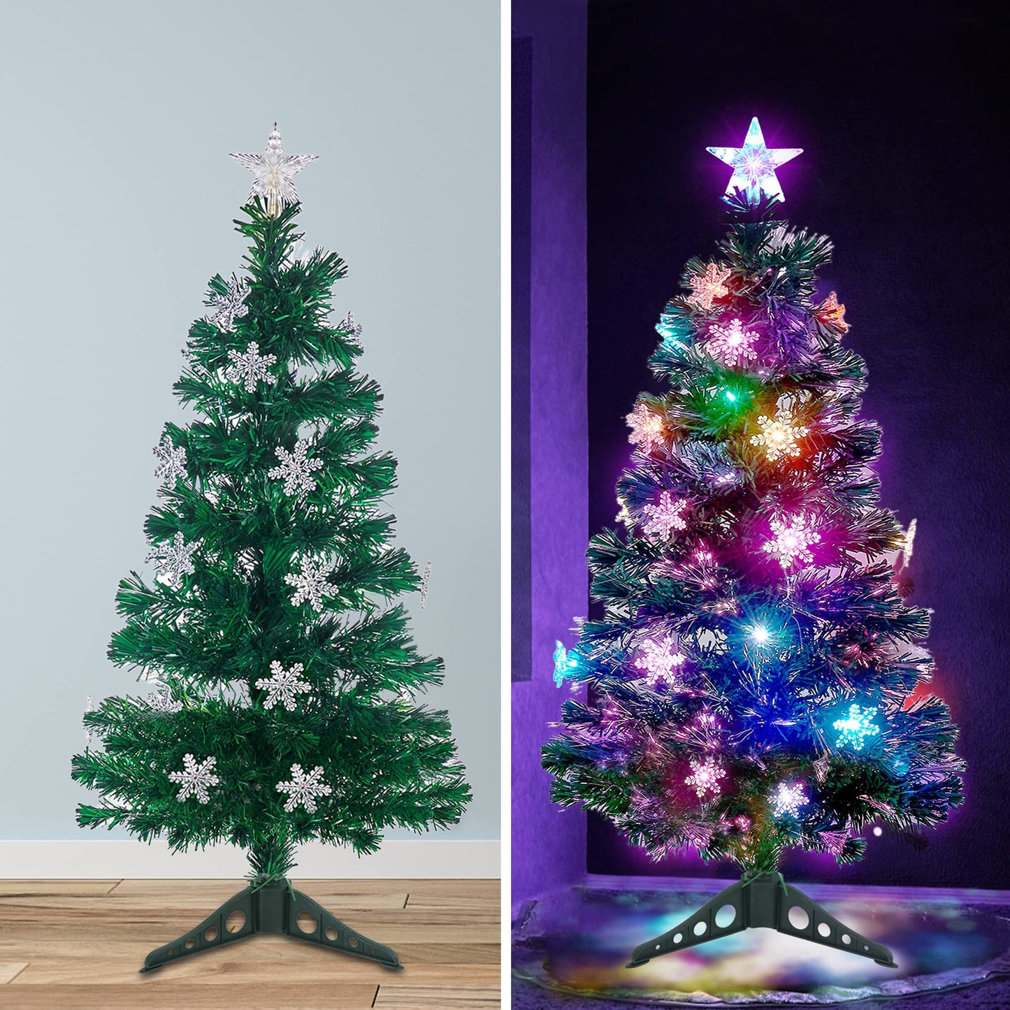 Prsildan 3 FT Artificial Christmas Tree, Pre-Lit Optical Fiber Xmas Trees with Multicolor LED Lights, Snowflakes & Top Star, Lighted Christmas Tree Holiday Home Decor