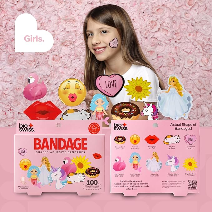 BioSwiss Bandages, Assorted Animal, Fun and Food Shaped Self Adhesive Bandage for Girls, Latex Free Sterile Wound Care, 100 Count
