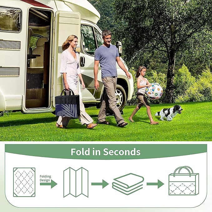 GENIMO Outdoor Rug 10' x 14' Waterproof for Patios Clearance, Reversible Outdoor Plastic Straw Camping Rug Carpet, Large Area Rugs Mats for RV, Camper, Deck, Balcony, Porch, Beach, Navy Blue&Grey