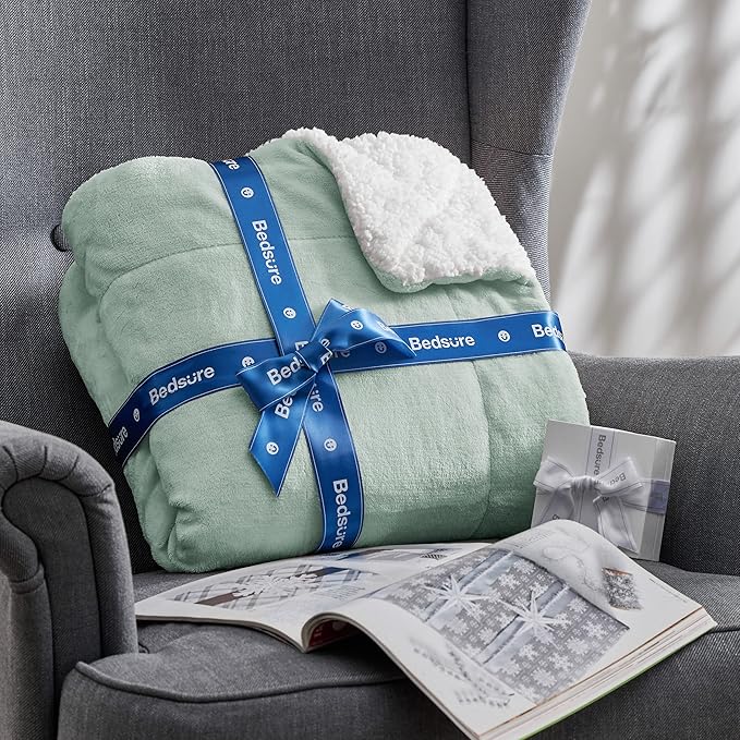 Bedsure Sherpa Fleece Blankets King Size for Bed - Thick and Warm, Soft Fuzzy Plush King Blanket for Winter, Sage Green, 108x90 Inches