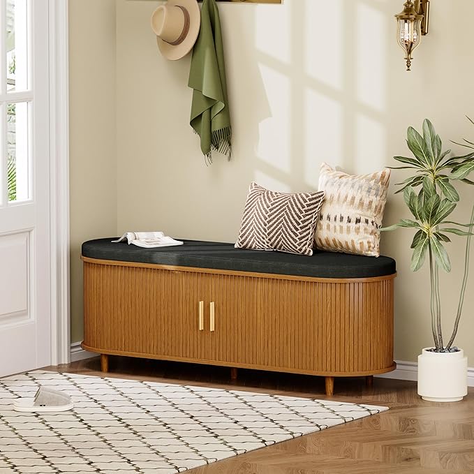 Entryway Bench with Storage: 51.2" Wooden Bedroom Shoe Bench with Thickened Padded Seat Cushion, Mid Century Modern Fluted Sliding Door and Adjustable Shelf, for Entryway, Living Room