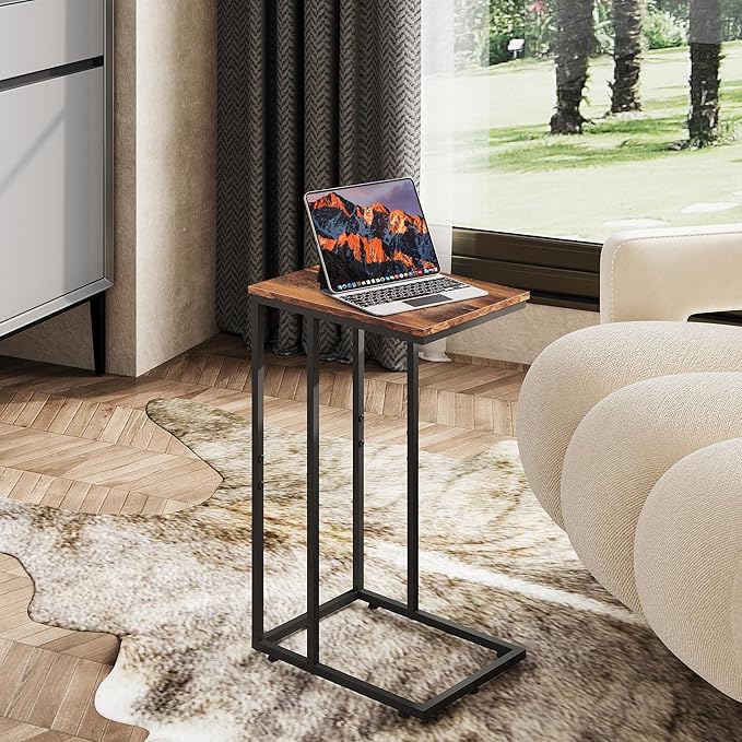 WLIVE Side Table, C Shaped End Table for Couch, Sofa and Bed, Large Desktop C Table for Living Room, Bedroom, Retro Brown and Black