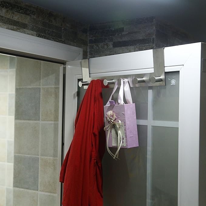 WEBI Over The Door Hook Door Hanger:Over The Door Towel Rack with 6 Peg Hooks for Hanging,Door Coat Hanger Towel Hanger Over Door Coat Rack for Clothes,Back of Bathroom,Silver,2 Packs