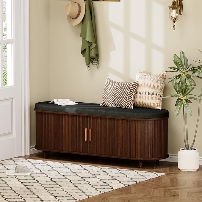 Entryway Bench with Storage: 51.2" Wooden Bedroom Shoe Bench with Thickened Padded Seat Cushion, Mid Century Modern Fluted Sliding Door and Adjustable Shelf, for Entryway, Living Room
