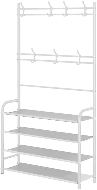 UDEAR Entryway Coat and Shoe Rack,3-in-1 Hall Tree Multifunctional Storage Shelf with 4-Tier Shoe Bench and 8 Hooks,16-20 Pairs of Shoes,Easy Assembly,for Entrance Foyer Bedroom Barthroom,White