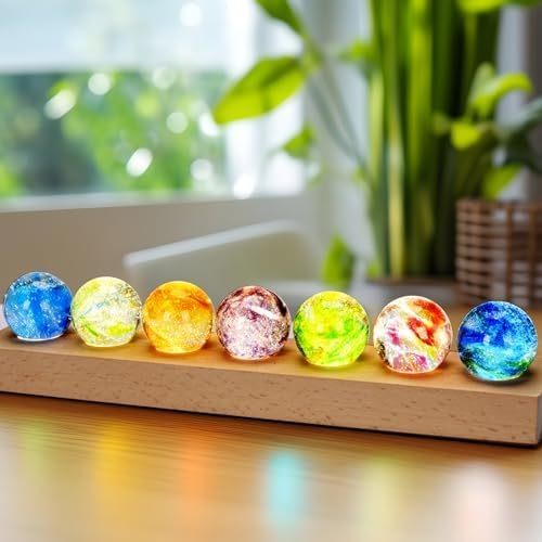 7 Chakra Natural Healing Spheres with LED Wooden Stand 40mm Crystal Quartz Stones for Meditation Attracts Lucky Night Light Decoration Balls Set for Home Office