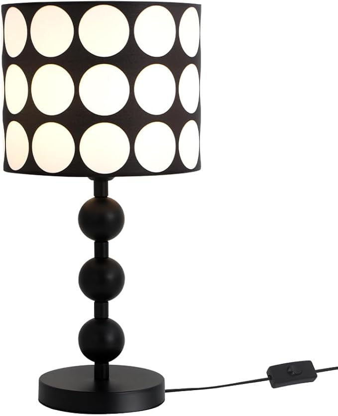 Black Bedside Table Lamp,White Dot Pattern Shade,Modern Black Tall Desk Lamp for Living Room,Bedroom,Nightstand,Office,Metal Base,Fabric Shade,Simple Side Table Lamps,E26 E27 Base,Button Switch
