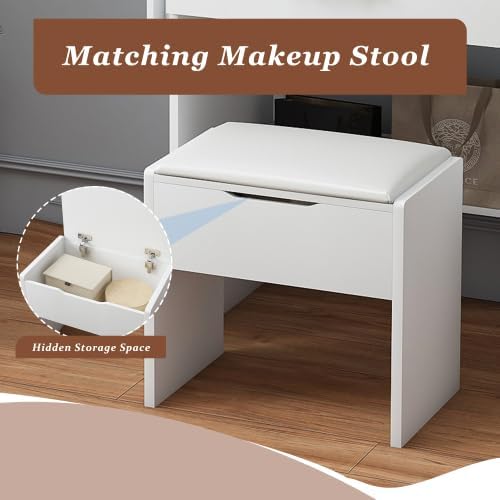 Makeup Vanity Desk with Mirror and Lights, Vanity Table Set with Storage Drawers, Charging Station & Storage Stool, Large Dressing Table for Women Girls Bedroom, White