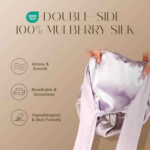 ZIMASILK 100% Mulberry Silk Bonnet for Sleeping Women Long Hair Double Layer Silk Hair Wrap with Tie Band Stay On Head (1Pc, Purple)