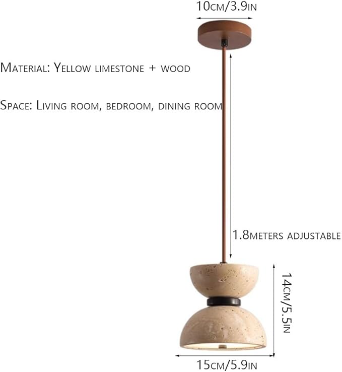 Double-Layer Natural Stone Bowl-Shaped Chandelier 5.9-inch Japanese Wabi-Sabi Style Lighting Fixture Indoor Yellow Travertine Chandelier Suitable for Bedside Tables, Dining Rooms,