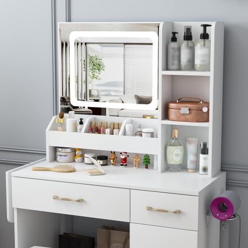 Makeup Vanity Desk with Mirror and Lights, Vanity Table Set with Storage Drawers, Charging Station & Storage Stool, Large Dressing Table for Women Girls Bedroom, White