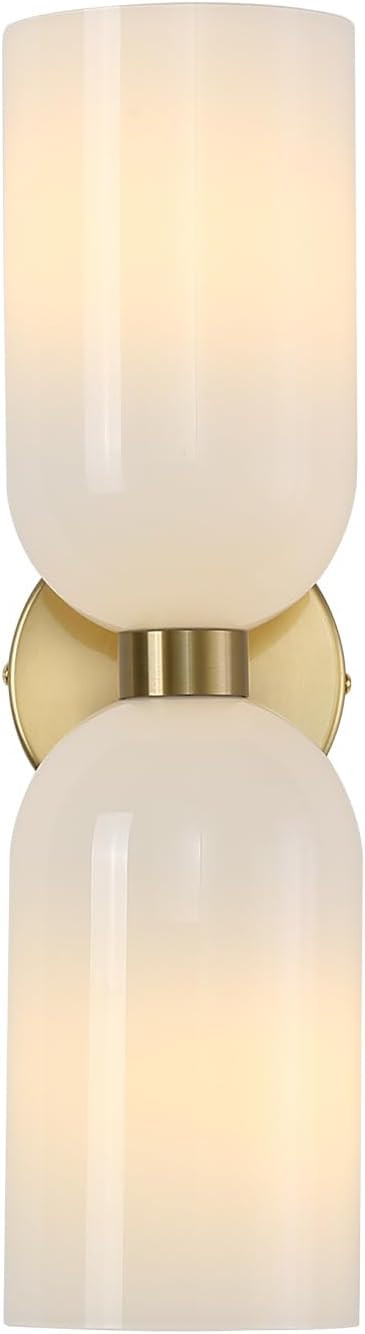 Minimalist 2-Light Gold Wall Sconces with Cylinder Glass Shades- Mid Century Vanity Wall Double Lights Hardwired- Modern Indoor Glass Wall Mounted Art Decor Lights (Milky White, 1 Pack)