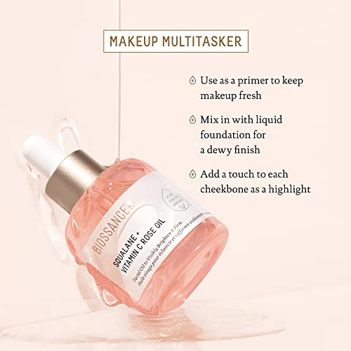BIOSSANCE Squalane + Vitamin C Rose Advanced Facial Oil - Brightening, Firming, and Hydrating Serum for All Skin Types - Chios Crystal Oil, Damascus Rose Extract & Squalane for Radiance