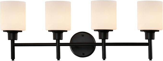 Design House 588236 Aubrey Transitional 4-Light Indoor Bathroom Vanity Light Dimmable Frosted Glass for Over The Mirror, Matte Black
