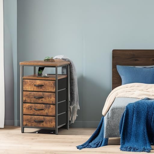 Huuger Night Stand with Charging Station, 4 Drawer Dresser for Bedroom, Bedside Table, 33.9 Inch Tall Nightstand with Open Shelf, End Table, for Closet, Entryway, Bedroom, Rustic Brown