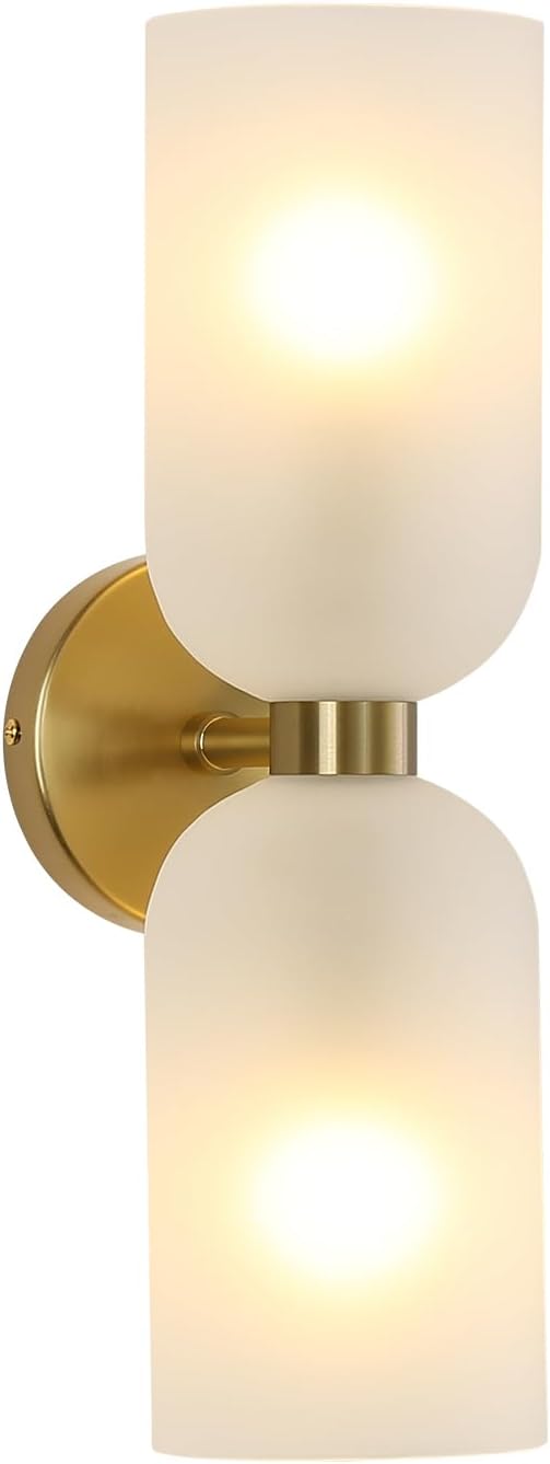 Minimalist 2-Light Gold Wall Sconces with Cylinder Glass Shades- Mid Century Vanity Wall Double Lights Hardwired- Modern Indoor Glass Wall Mounted Art Decor Lights (Frosted White, 1 Pack)