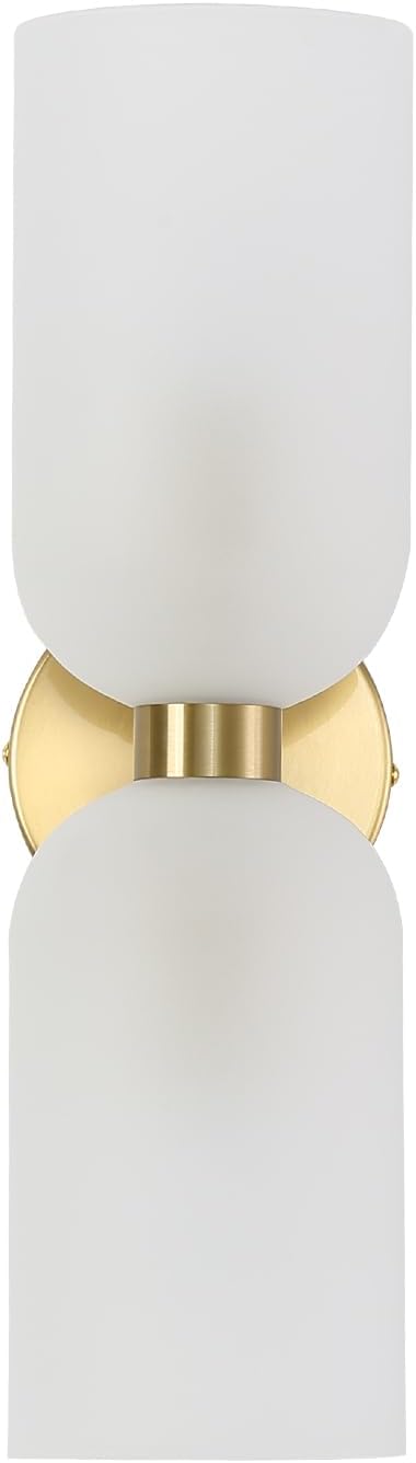Minimalist 2-Light Gold Wall Sconces with Cylinder Glass Shades- Mid Century Vanity Wall Double Lights Hardwired- Modern Indoor Glass Wall Mounted Art Decor Lights (Frosted White, 1 Pack)