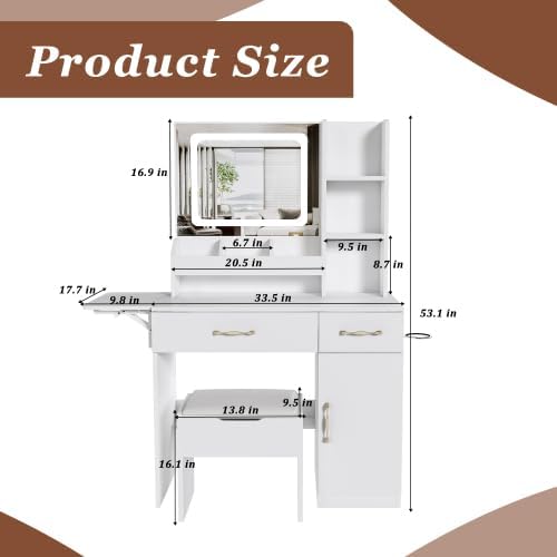 Makeup Vanity Desk with Mirror and Lights, Vanity Table Set with Storage Drawers, Charging Station & Storage Stool, Large Dressing Table for Women Girls Bedroom, White