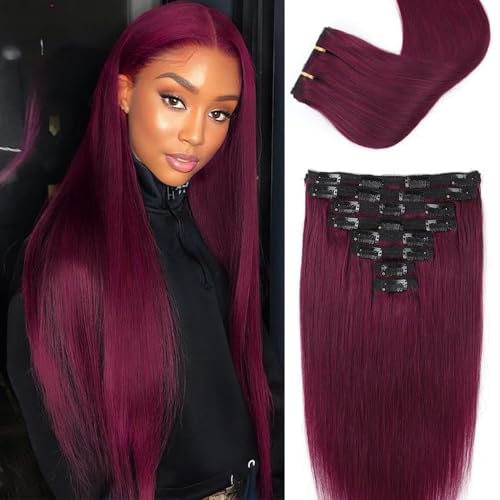 ShowJarlly Clip in Hair Extensions Real Human Hair 24 Inch Straight Clip Ins 8 Pcs Brazilian Remy Hair Extensions for Women #99J Burgundy 110g