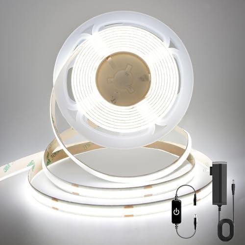 COB LED Strip,LED Strip Lights 3M/9.84ft,Touch Dimmable LED Strips,CRI90+,6000K Natural White cob led,1600LEDs,24V LED Tape Lights,Indoor for Bedroom, Kitchen, TV, Mirror,Cabinet