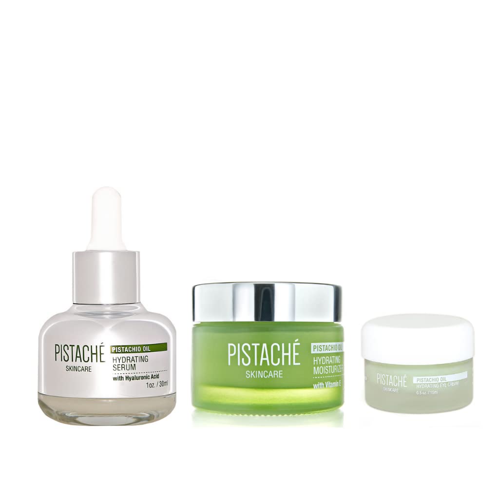 PistachÃ© Skincare Pistachio Oil Ultimate Face Trio Set + Eye Cream, Hyaluronic Acid Face Serum & Face Moisturizer + Hydrates and Nourishes + Vitamin E + Antioxidant Protection