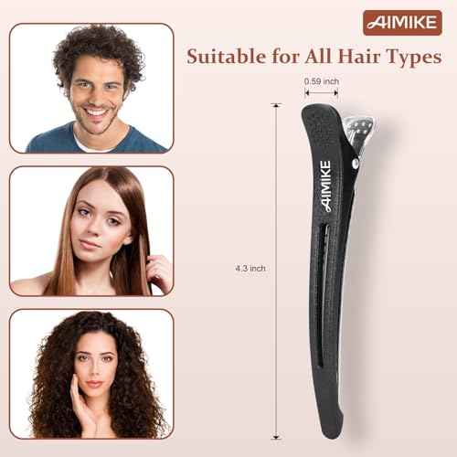 AIMIKE 6pcs Professional Hair Clips for Styling Sectioning, Non Slip No-Trace Duck Billed Hair Clips with Silicone Band, Salon and Home Hair Cutting Clips for Hairdresser, Women, Men - Black 4.3¡± Long