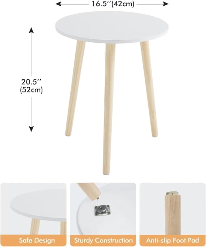 Apicizon Round Side Table, White Bedside Table Coffee End Table for Bedroom, Living Room, Small Spaces, Easy Assembly Nightstands with Natural Wood Legs, 16.5 x 20.5 Inches