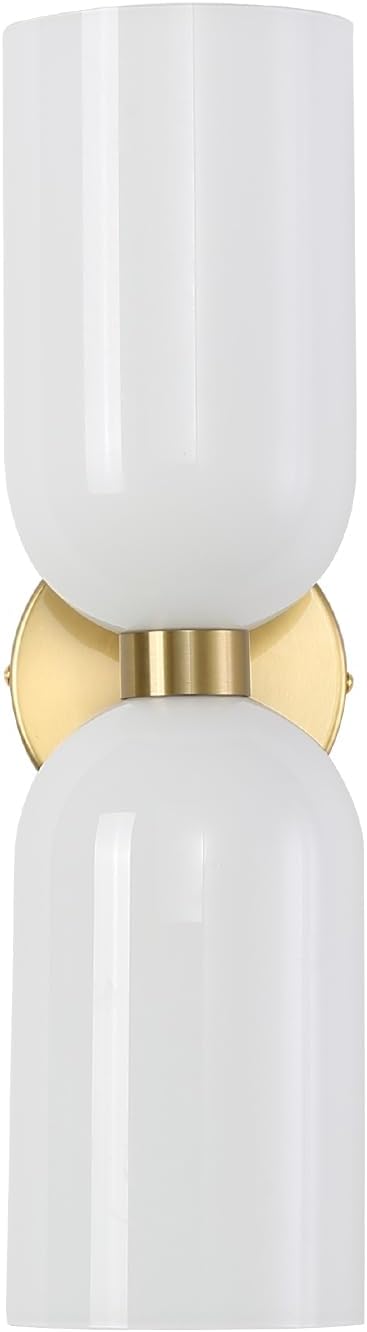 Minimalist 2-Light Gold Wall Sconces with Cylinder Glass Shades- Mid Century Vanity Wall Double Lights Hardwired- Modern Indoor Glass Wall Mounted Art Decor Lights (Milky White, 1 Pack)