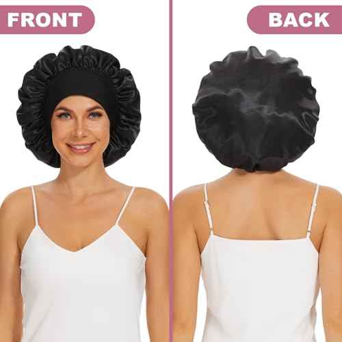 4Pcs Satin Bonnet Silk Bonnet, Hair Bonnet for Sleeping, Elastic Wide Band Silk Sleep Cap, Soft and Breathable (Black Red Purple Gold)