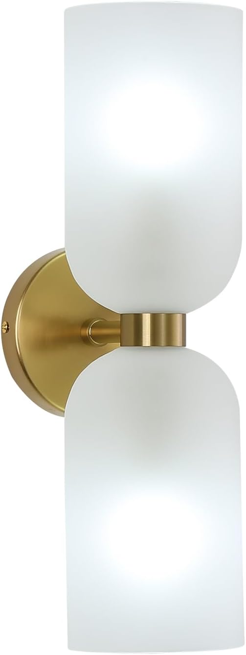Minimalist 2-Light Gold Wall Sconces with Cylinder Glass Shades- Mid Century Vanity Wall Double Lights Hardwired- Modern Indoor Glass Wall Mounted Art Decor Lights (Frosted White, 1 Pack)