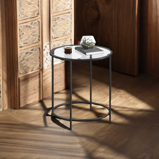 VASAGLE Round Side Table, Glass End Table with Metal Frame, Black Coffee Table with Modern Style, for Living Room, Balcony, Bedroom, Black
