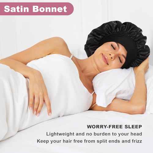 4Pcs Satin Bonnet Silk Bonnet, Hair Bonnet for Sleeping, Elastic Wide Band Silk Sleep Cap, Soft and Breathable (Black Red Purple Gold)