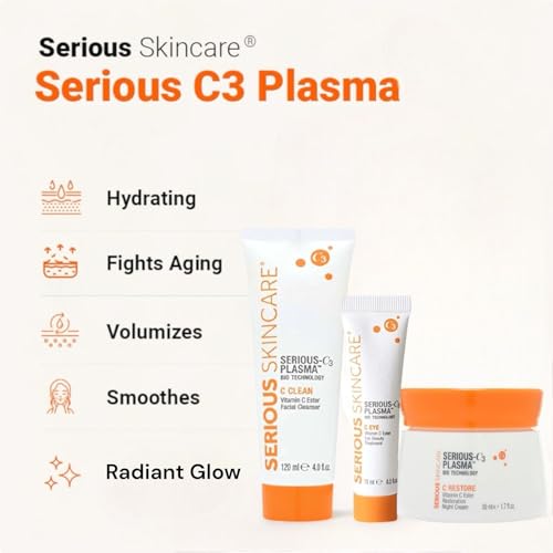 Serious Skincare Vitamin C & Collagen Night Skin Care Set - Reduce Wrinkles, Brightening - C-Restore Night Cream Moisturizer, Eye Treatment Gel & C Clean Face Cleanser - Deep Hydration C3 (3Pack)