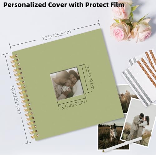 Vienrose 10 x 10 Inch Scrapbook Album Gift Set, Linen Hardcover Photo Book with 40 White Pages, DIY Memory Book Kit with Accessories for Wedding, Baby Shower, Travel, Christmas (LightGreen, 20 Sheets)