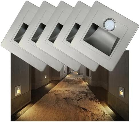 5Pcs 3W Recessed LED Stair Lights, 3000K Warm White Motion Sensor Wall Lamps for Indoor Bedroom, Silver Finish
