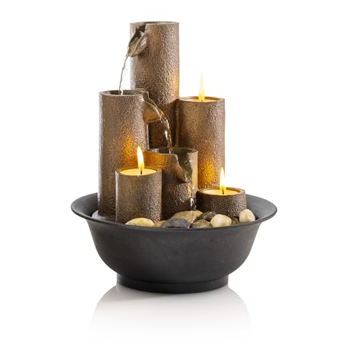 Alpine Corporation WCT202 Indoor Tabletop Tiered Water Fountain Featuring 3 Candles for Desktop and Table, 11", Brown