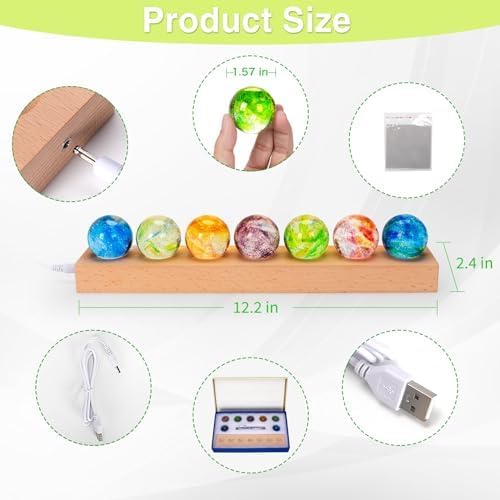 7 Chakra Natural Healing Spheres with LED Wooden Stand 40mm Crystal Quartz Stones for Meditation Attracts Lucky Night Light Decoration Balls Set for Home Office