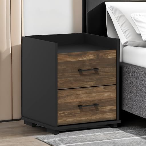 Furinno End Side Night Stand Modern Bedroom Bedside Tables Handle 2 Chest Nightstand, 1-Pack Drawer, Columbia Walnut/Black