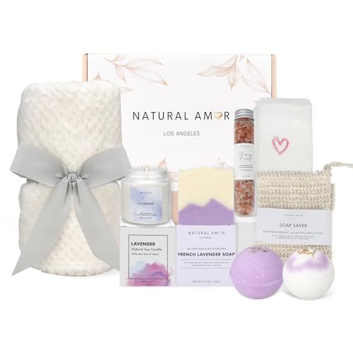 Natural Amor Lavender Blanket Spa Gift for Women 8pcs, Birthday Gift for Women, Self Care Gift for Birthday, Christmas