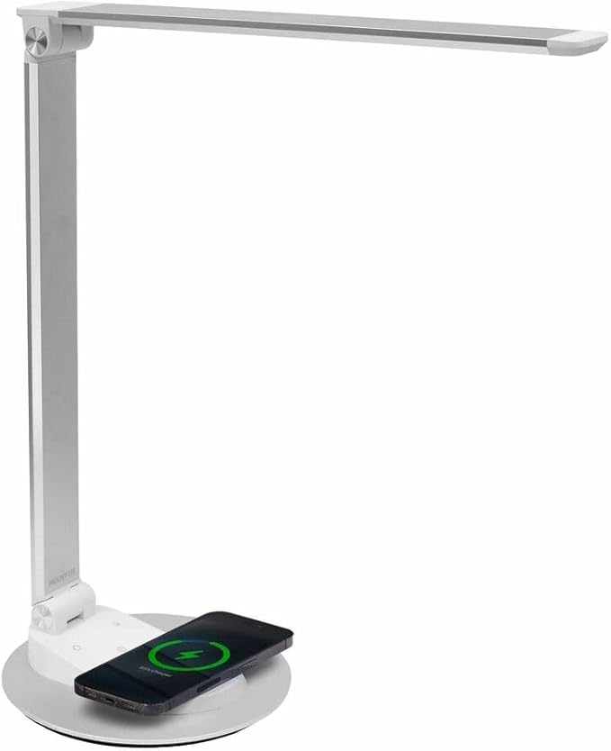 Mount-It! LED Desk Lamp with Wireless Charger and USB-C Charging Port, Dimmable Desk Lamp with 25 Brightness and Color Modes, for Home or Office, Adjustable Arm, Silver/White