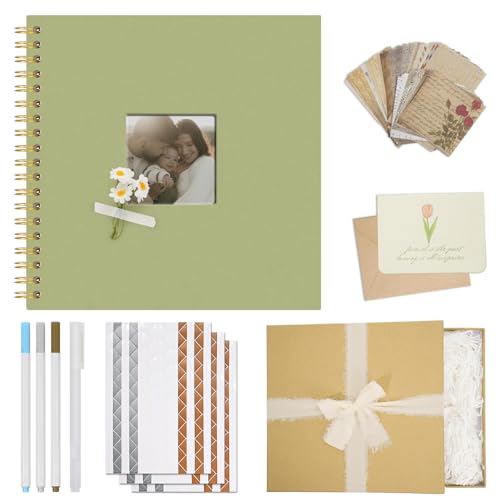 Vienrose 10 x 10 Inch Scrapbook Album Gift Set, Linen Hardcover Photo Book with 40 White Pages, DIY Memory Book Kit with Accessories for Wedding, Baby Shower, Travel, Christmas (LightGreen, 20 Sheets)