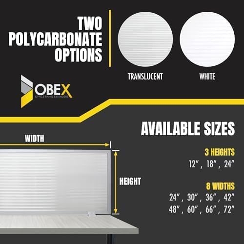 OBEX Polycarbonate Office Desk Mounted Privacy Screen Adjustable Table Top Panel Divider, Universal Aluminum Bracket-USA Made, 24" x 66", Translucent
