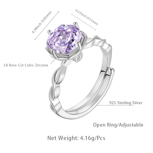 Birthstone Rose Ring - 925 Sterling Silver Rose Cut Cubic Zirconia Flower Adjustable Ring Anniversary Engagement Promise Ring Birthday Jewelry Gift for Women Wife Mom Daughter (06-June)