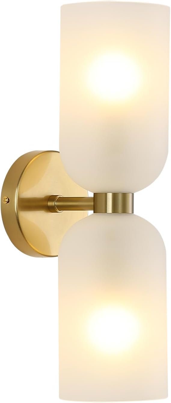 Minimalist 2-Light Gold Wall Sconces with Cylinder Glass Shades- Mid Century Vanity Wall Double Lights Hardwired- Modern Indoor Glass Wall Mounted Art Decor Lights (Frosted White, 1 Pack)