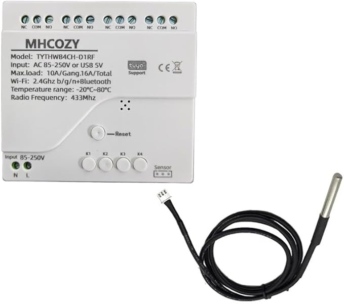 Tuya app WiFi Temperature Sensor Controller,Phone Monitor and Control Temperature Anywhere,4 Channel 110v 10A Dry Contact Relay Switch,Compatible with Alexa Google Home