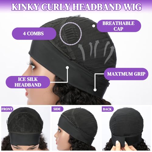 Headband Wig Human Hair Deep Wave 22 Inch Curly Headband Wigs for Black Women Glueless No Lace Half Wig Brazilian Virgin Hair Deep Curly Natural color